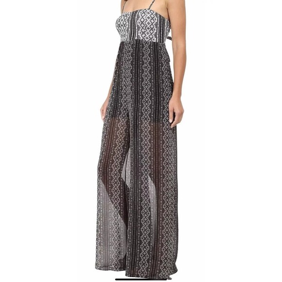 BCBGeneration Sleeveless Wide Leg Jumpsuit Size XS Sheer Black Print Summer Chic - Picture 1 of 13